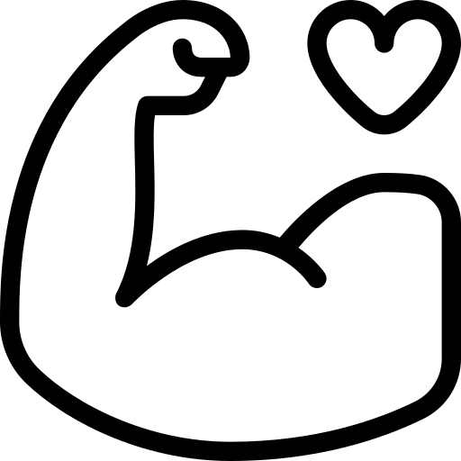 Black silhouette of a flexed bicep with a heart above it on a white background