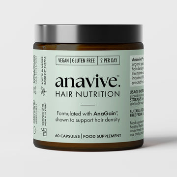 Anavive hair nutrition supplement jar on a light gray background