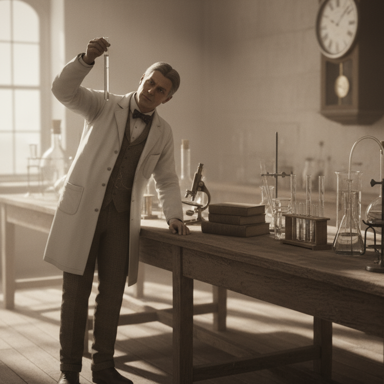 Old fashioned scientist holding a test tube