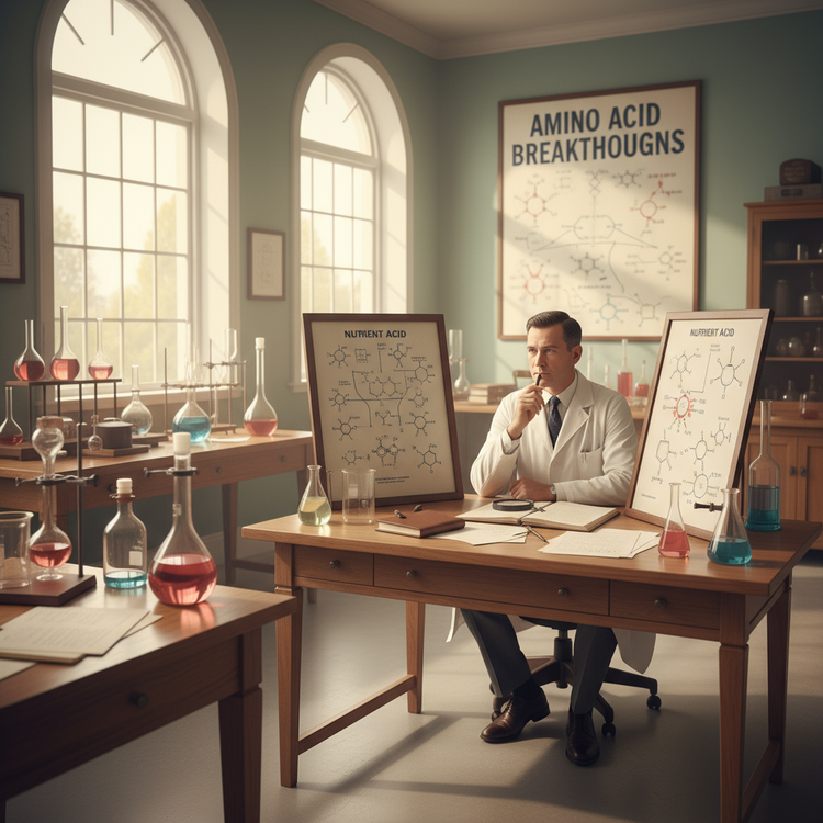 Historical scientist surrounded by information on amino acids